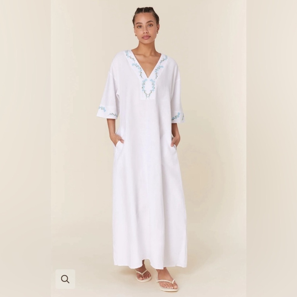 Fanm Mon White Maxi Dress with Blue Embroidery